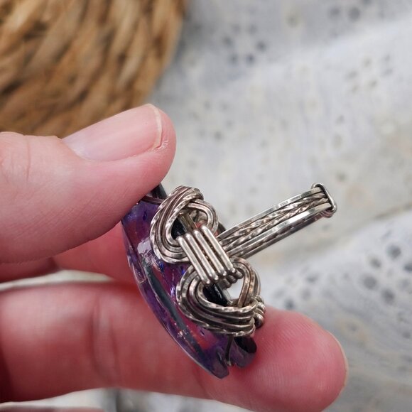 Vintage Cobalt Blue Heay Blown Glass Wire Wrapped Handmade Ring - Picture 7 of 10